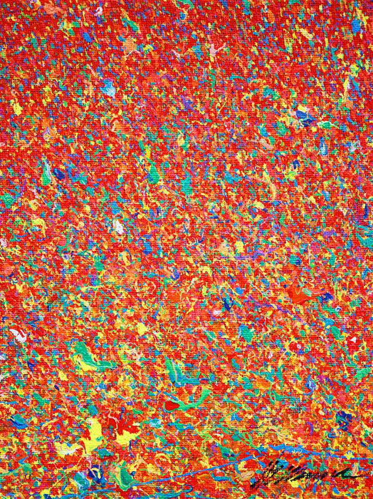 Abstrakte Kunst „Claim 190“, einzigartiges kleines Gemälde mit intensiver Farbigkeit in Rot und Blau, Mischtechnik auf Leinwand. Künstler: Mark Hellbusch.
