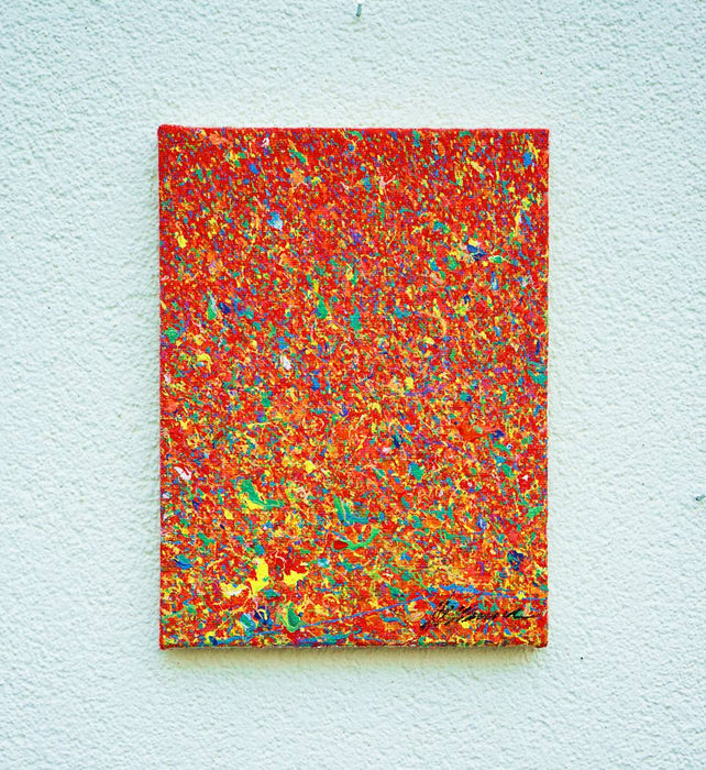Abstrakte Kunst „Claim 190“ (in situ), einzigartiges kleines Gemälde mit intensiver Farbigkeit in Rot und Blau, Mischtechnik auf Leinwand. Künstler: Mark Hellbusch.