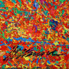 Abstrakte Kunst „Claim 190“ (Ausschnitt, Sig), einzigartiges kleines Gemälde mit intensiver Farbigkeit in Rot und Blau, Mischtechnik auf Leinwand. Künstler: Mark Hellbusch.