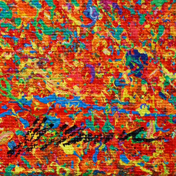 Abstrakte Kunst „Claim 190“ (Ausschnitt, Sig), einzigartiges kleines Gemälde mit intensiver Farbigkeit in Rot und Blau, Mischtechnik auf Leinwand. Künstler: Mark Hellbusch.