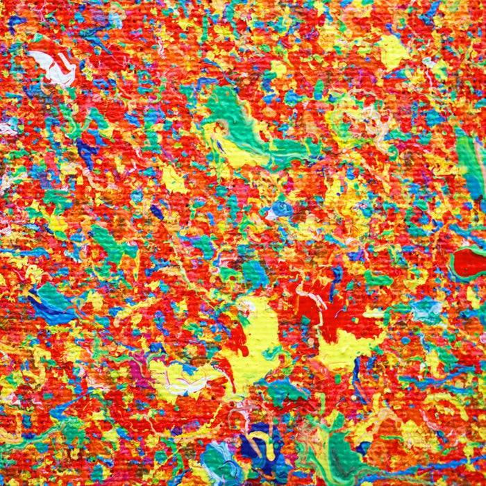 Abstrakte Kunst „Claim 190“ (Ausschnitt), einzigartiges kleines Gemälde mit intensiver Farbigkeit in Rot und Blau, Mischtechnik auf Leinwand. Künstler: Mark Hellbusch.