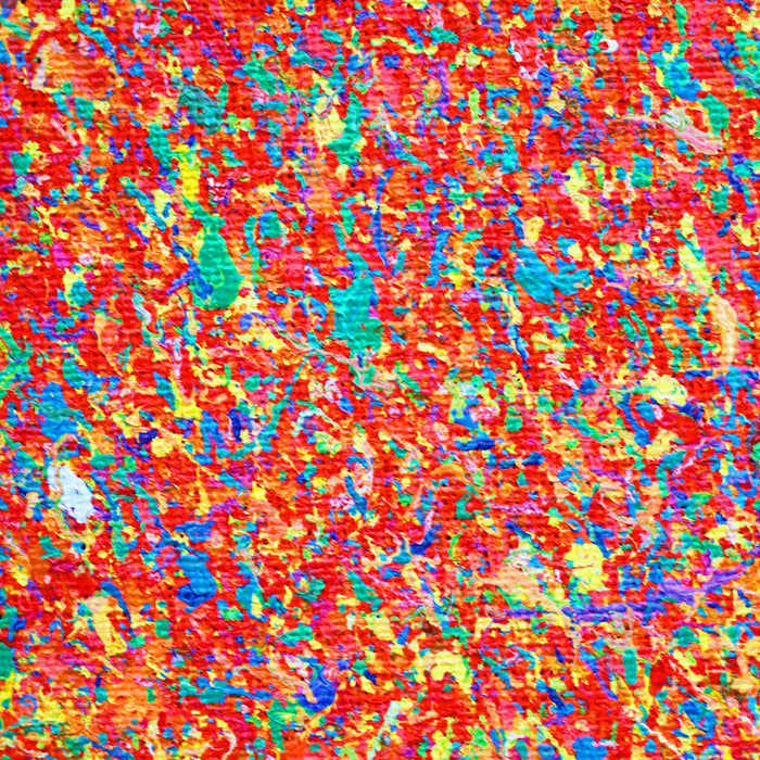 Abstrakte Kunst „Claim 190“ (Ausschnitt), einzigartiges kleines Gemälde mit intensiver Farbigkeit in Rot und Blau, Mischtechnik auf Leinwand. Künstler: Mark Hellbusch.