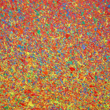 Abstrakte Kunst „Claim 191“ (Ausschnitt), modernes Gemälde als farbstarkes Unikat in Rot und Gelb, Mischtechnik auf Leinwand. Künstler: Mark Hellbusch.