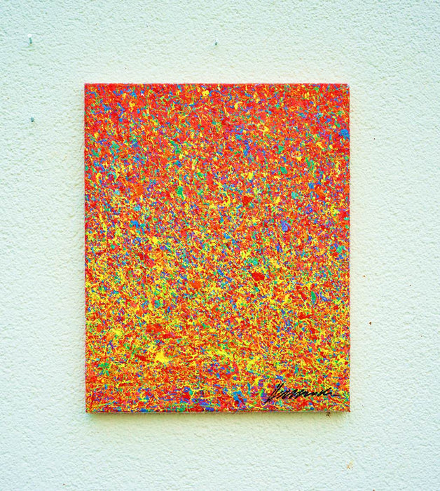 Abstrakte Kunst „Claim 191“ (in situ), modernes Gemälde als farbstarkes Unikat in Rot und Gelb, Mischtechnik auf Leinwand. Künstler: Mark Hellbusch.