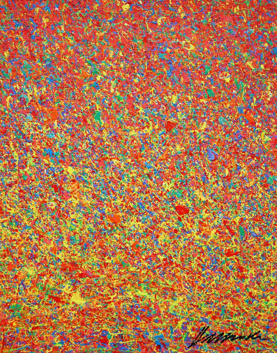 Abstrakte Kunst „Claim 191“, modernes Gemälde als farbstarkes Unikat in Rot und Gelb, Mischtechnik auf Leinwand. Künstler: Mark Hellbusch.