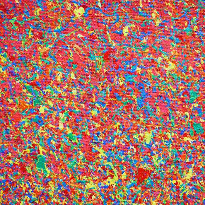 Abstrakte Kunst „Claim 191“ (Ausschnitt), modernes Gemälde als farbstarkes Unikat in Rot und Gelb, Mischtechnik auf Leinwand. Künstler: Mark Hellbusch.