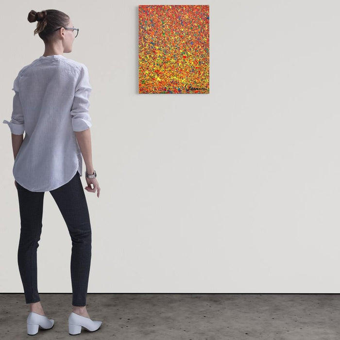 Abstrakte Kunst „Claim 191“ (in situ), modernes Gemälde als farbstarkes Unikat in Rot und Gelb, Mischtechnik auf Leinwand. Künstler: Mark Hellbusch.