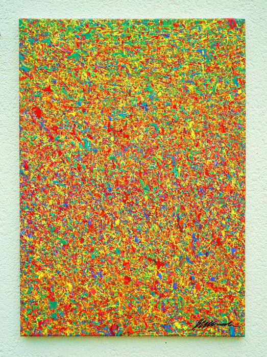 Abstrakte Kunst „Claim 192“, bunte Wandkunst als modernes Originalgemälde in Rot, Grün, Orange und Gelb, Mischtechnik auf Leinwand.Künstler: Mark Hellbusch