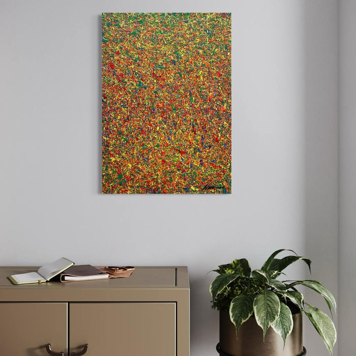 Abstrakte Kunst „Claim 192“ (in situ), bunte Wandkunst als modernes Originalgemälde in Rot, Grün, Orange und Gelb, Mischtechnik auf Leinwand.Künstler: Mark Hellbusch