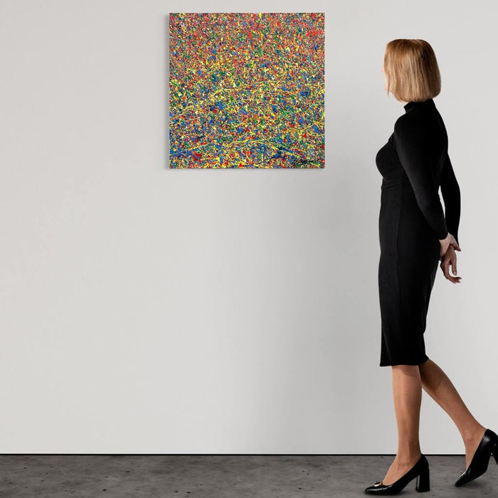 Abstrakte Kunst „Claim 193“ (in situ), explosives Unikat mit leuchtender Farbstruktur in Blau und Rot, Mischtechnik auf Leinwand. Künstler Mark Hellbusch