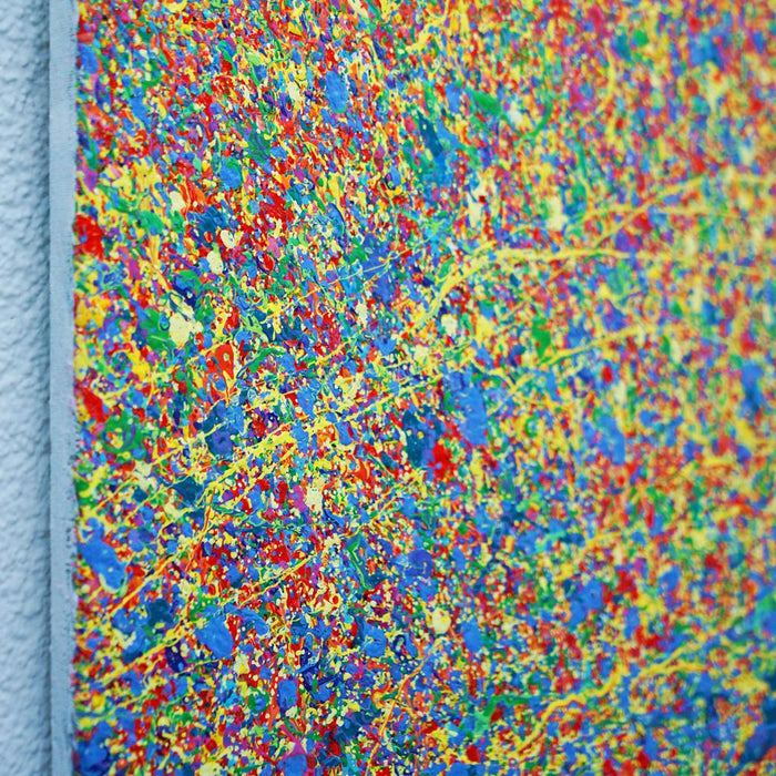 Abstrakte Kunst „Claim 193“ (Seitenperspektive), explosives Unikat mit leuchtender Farbstruktur in Blau und Rot, Mischtechnik auf Leinwand