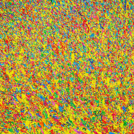 Abstrakte Kunst „Claim 194“ (Ausschnitt), zeitgenössisches Gemälde mit leuchtender Farbstruktur in Gelb und bunten Farben, Mischtechnik auf Leinwand. Künstler: Mark Hellbusch