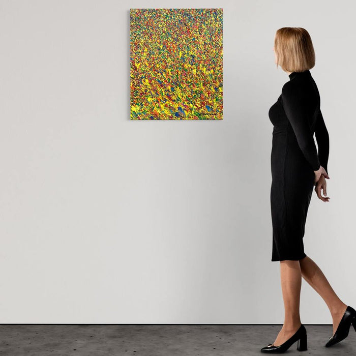 Abstrakte Kunst „Claim 194“ (in Situ), zeitgenössisches Gemälde mit leuchtender Farbstruktur in Gelb und bunten Farben, Mischtechnik auf Leinwand. Künstler: Mark Hellbusch