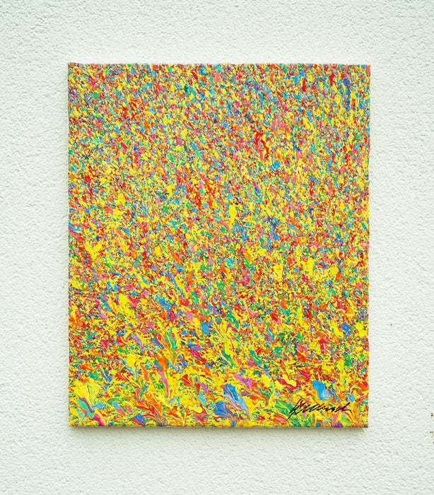 Abstrakte Kunst „Claim 194“ (in Situ), zeitgenössisches Gemälde mit leuchtender Farbstruktur in Gelb und bunten Farben, Mischtechnik auf Leinwand. Künstler: Mark Hellbusch