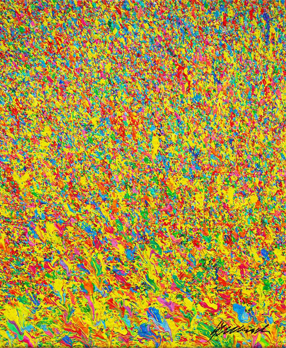 Abstrakte Kunst „Claim 194“, zeitgenössisches Gemälde mit leuchtender Farbstruktur in Gelb und bunten Farben, Mischtechnik auf Leinwand. Künstler: Mark Hellbusch