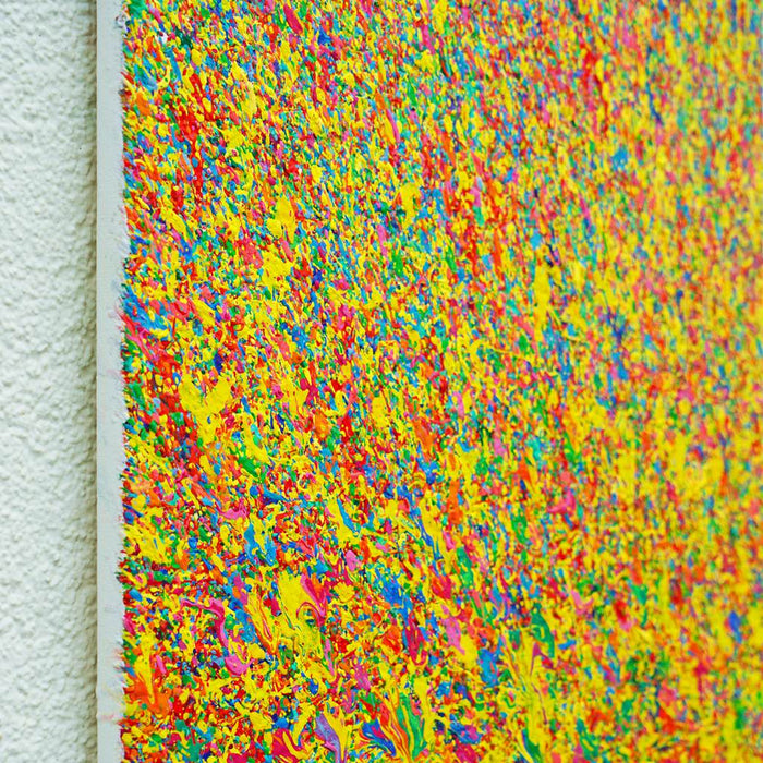 Abstrakte Kunst „Claim 194“ (Seite), zeitgenössisches Gemälde mit leuchtender Farbstruktur in Gelb und bunten Farben, Mischtechnik auf Leinwand. Künstler: Mark Hellbusch