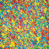 Abstrakte Kunst „Claim 194“ (Ausschnitt), zeitgenössisches Gemälde mit leuchtender Farbstruktur in Gelb und bunten Farben, Mischtechnik auf Leinwand. Künstler: Mark Hellbusch