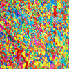Abstrakte Kunst „Claim 194“ (Ausschnitt), zeitgenössisches Gemälde mit leuchtender Farbstruktur in Gelb und bunten Farben, Mischtechnik auf Leinwand. Künstler: Mark Hellbusch