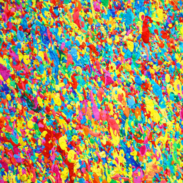 Abstrakte Kunst „Claim 194“ (Ausschnitt), zeitgenössisches Gemälde mit leuchtender Farbstruktur in Gelb und bunten Farben, Mischtechnik auf Leinwand. Künstler: Mark Hellbusch