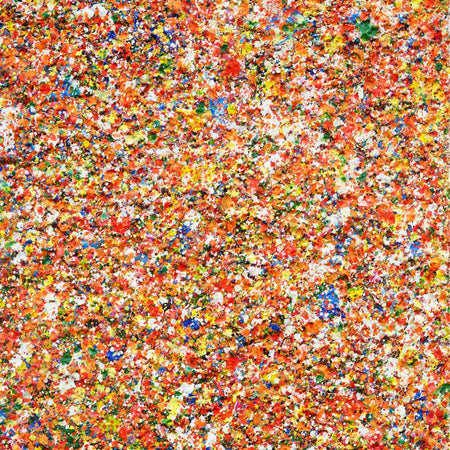 Abstrakte Kunst „Claim 202“ mit dichter, farbintensiver Struktur in Rot, Orange und Multicolor, Acryl und Lack auf Leinwand, Atelier Hellbusch