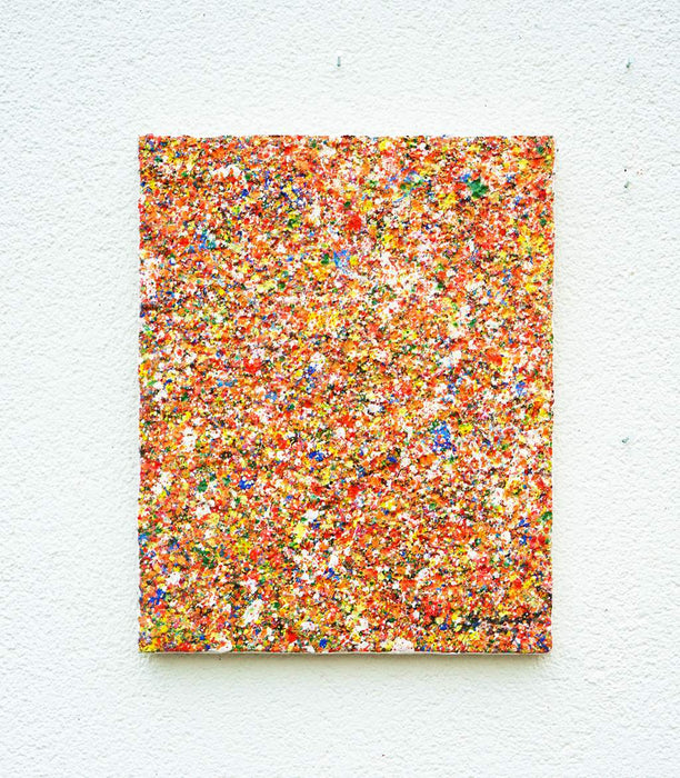 Abstrakte Kunst „Claim 202“ mit dichter, farbintensiver Struktur in Rot, Orange und Multicolor, Acryl und Lack auf Leinwand, Atelier Hellbusch