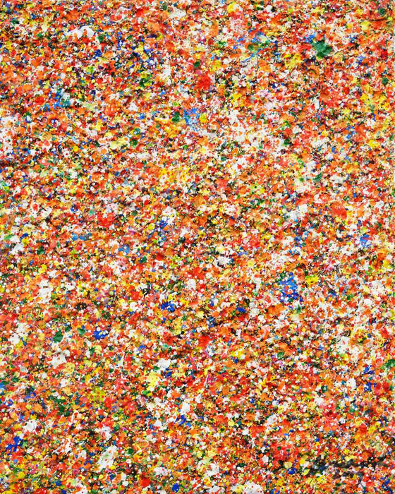 Abstrakte Kunst „Claim 202“ mit dichter, farbintensiver Struktur in Rot, Orange und Multicolor, Acryl und Lack auf Leinwand, Atelier Hellbusch