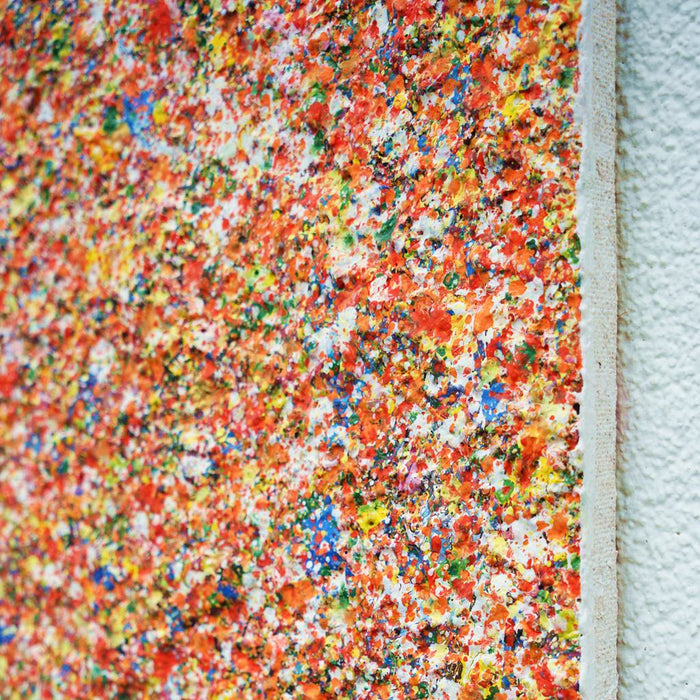 Abstrakte Kunst „Claim 202“ (Seitenperspektive) mit dichter, farbintensiver Struktur in Rot, Orange und Multicolor, Acryl und Lack auf Leinwand, Atelier Hellbusch