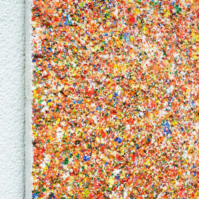 Abstrakte Kunst „Claim 202“ (Seitenperspektive) mit dichter, farbintensiver Struktur in Rot, Orange und Multicolor, Acryl und Lack auf Leinwand, Atelier Hellbusch