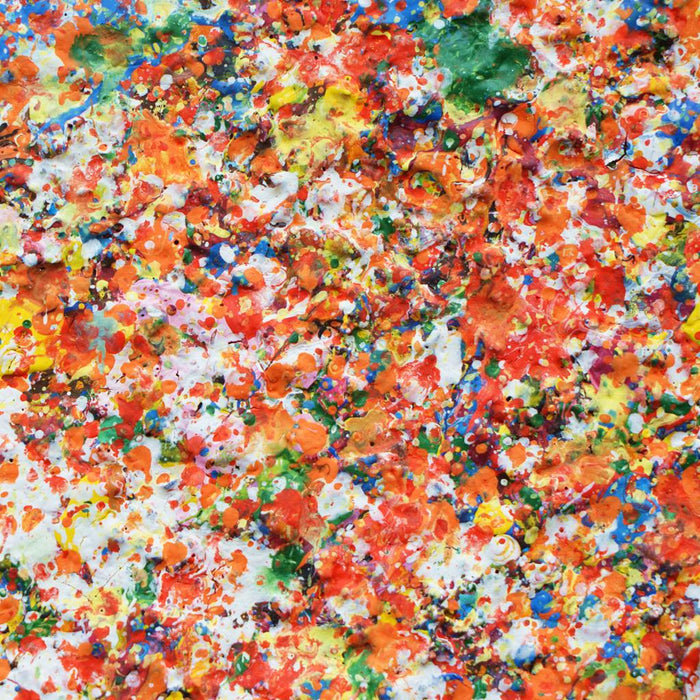 Abstrakte Kunst „Claim 202“ (Nahaufnahme) mit dichter, farbintensiver Struktur in Rot, Orange und Multicolor, Acryl und Lack auf Leinwand, Atelier Hellbusch