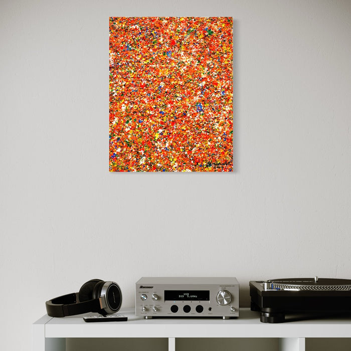 Abstrakte Kunst „Claim 202“ (in situ) mit dichter, farbintensiver Struktur in Rot, Orange und Multicolor, Acryl und Lack auf Leinwand, Atelier Hellbusch