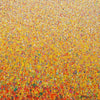 Claim 100 - Zeitgenössische Malerei auf Leinwand (110 x 150 cm). Bunte Farben - insbesondere Orange, Rot, Weiß und Gelb aber auch Grün und Blau sowie deren Vermischungen ergeben ein organisches Feld. Der Verlauf der Farben ist oben eher punktartig, nach unten hin strichartig. ARTLET - Atelier Hellbusch.