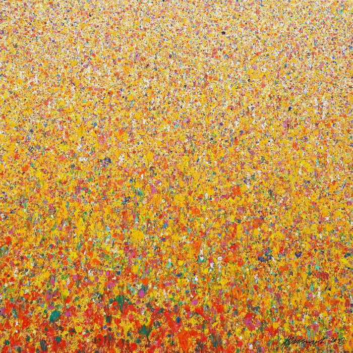 Claim 100 - Zeitgenössische Malerei auf Leinwand (110 x 150 cm). Bunte Farben - insbesondere Orange, Rot, Weiß und Gelb aber auch Grün und Blau sowie deren Vermischungen ergeben ein organisches Feld. Der Verlauf der Farben ist oben eher punktartig, nach unten hin strichartig. ARTLET - Atelier Hellbusch.