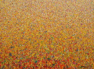 Claim 100 - Zeitgenössische Malerei auf Leinwand 110 x 150 cm. Bunte Farben - insbesondere Orange, Rot, Weiß und Gelb aber auch Grün und Blau sowie deren Vermischungen ergeben ein organisches Feld. Der Verlauf der Farben ist oben eher punktartig, nach unten hin strichartig. ARTLET - Atelier Hellbusch.