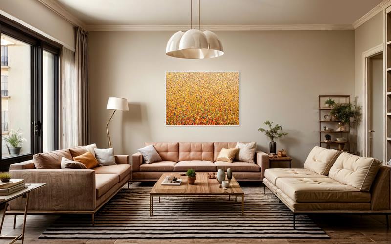 Claim 100 - Zeitgenössische Malerei auf Leinwand 110 x 150 cm. Bunte Farben - insbesondere Orange, Rot, Weiß und Gelb aber auch Grün und Blau sowie deren Vermischungen ergeben ein organisches Feld. Der Verlauf der Farben ist oben eher punktartig, nach unten hin strichartig. In Situ. ARTLET - Atelier Hellbusch.