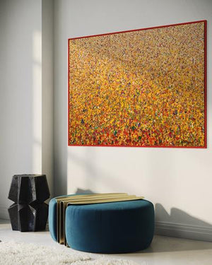 Claim 100 - Zeitgenössische Malerei auf Leinwand 110 x 150 cm. Bunte Farben - insbesondere Orange, Rot, Weiß und Gelb aber auch Grün und Blau sowie deren Vermischungen ergeben ein organisches Feld. Der Verlauf der Farben ist oben eher punktartig, nach unten hin strichartig. In Situ. ARTLET - Atelier Hellbusch.
