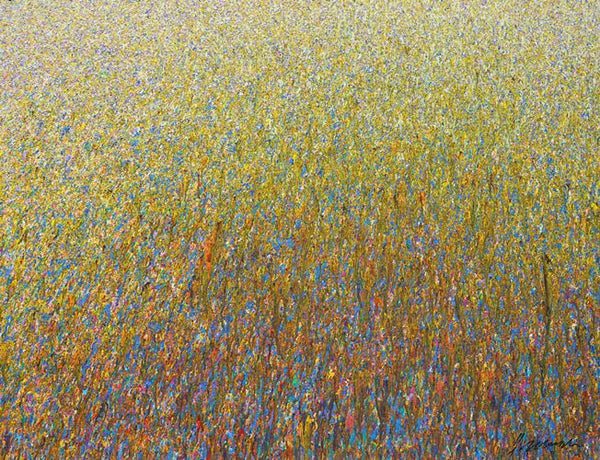 Abstraktes Gemälde 'Claim 103' (100 x 130 cm, 2022), ein zeitgenössisches Kunstwerk, das eine abstrakte Landschaft mit lebhaften Farben und dynamischer Textur darstellt. ARTLET - Atelier Hellbusch.