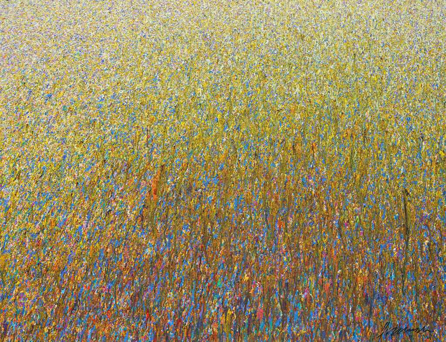Abstraktes Gemälde „Claim 103“ von Mark Hellbusch in Gold und Blau, 100x130 cm, 2021, verkauft