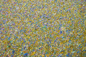 Abstraktes Gemälde 'Claim 103' (100 x 130 cm, 2022), ein zeitgenössisches Kunstwerk, das eine abstrakte Landschaft mit lebhaften Farben und dynamischer Textur darstellt (Nahaufnahme). ARTLET - Atelier Hellbusch.