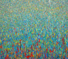 Abstraktes Acrylgemälde in leuchtendem Blau mit roten, gelben und grünen Akzenten von Mark Hellbusch – Claim 104, 2022, 120 x 140 cm.