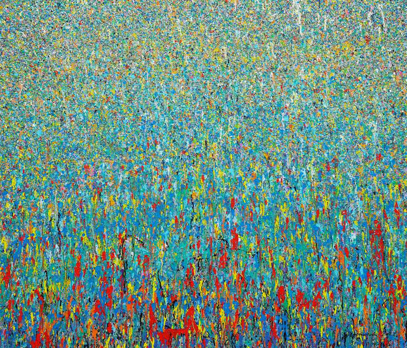 Abstraktes Acrylgemälde in leuchtendem Blau mit roten, gelben und grünen Akzenten von Mark Hellbusch – Claim 104, 2022, 120 x 140 cm.