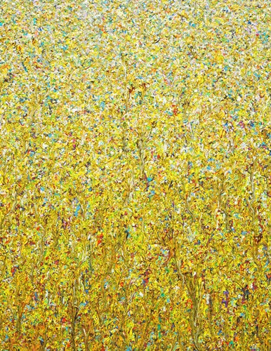 Claim 108 (Nahaufnahme), Gemälde, modern und abstrakt 120 x 100 cm. Bunte Farben - insbesondere ocker, ergeben ein organisches Feld. Der Verlauf der Farben ist oben punktartig und hell. Im unteren Bereich des Bildes werden die Farben immer strichartiger und kräftiger. Kunst. ARTLET - Atelier Hellbusch