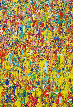 Abstraktes Gemälde von Mark Hellbusch (100x150 cm) mit warmen und bunten Farben. Die dynamische Komposition besteht aus leuchtenden Gelb-, Rot-, Blau- und Grüntönen, die eine lebendige, texturierte Oberfläche schaffen, die an ein blühendes Feld erinnert (Zoom). ARTLET - Atelier Hellbusch