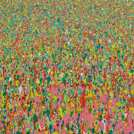 Rundes abstraktes Gemälde "Claim 132" (Ausschnitt) mit intensiven Farben in Grün, Pink und Gelb. Inspiriert von floralen Landschaften, Acryl auf Leinwand, 80 cm Durchmesser, entstanden 2024. ARTLET - Atelier Hellbusch (Künstler)