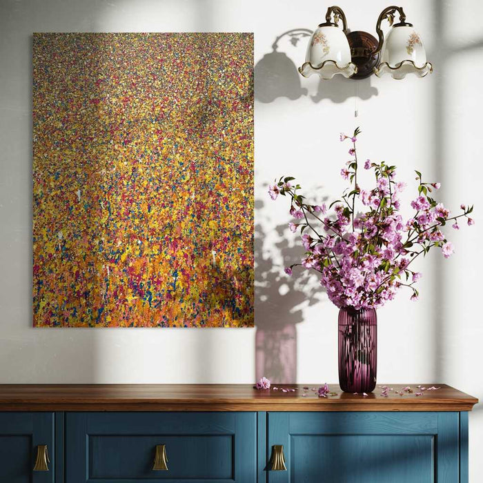 Abstraktes Kunstwerk in Orange, Pink und Gelb von Mark Hellbusch – Claim 140 (in situ), 60x80 cm, 2025