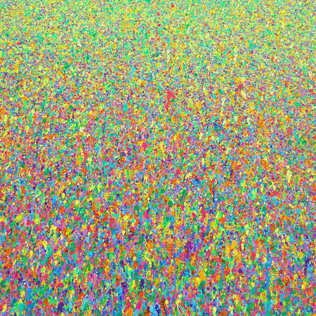 Abstrakte Kunst „Claim 142“ (Ausschnitt), buntes Gemälde im Querformat mit dichter Farbstruktur, Mischtechnik auf Leinwand. Künstler Mark Hellbusch