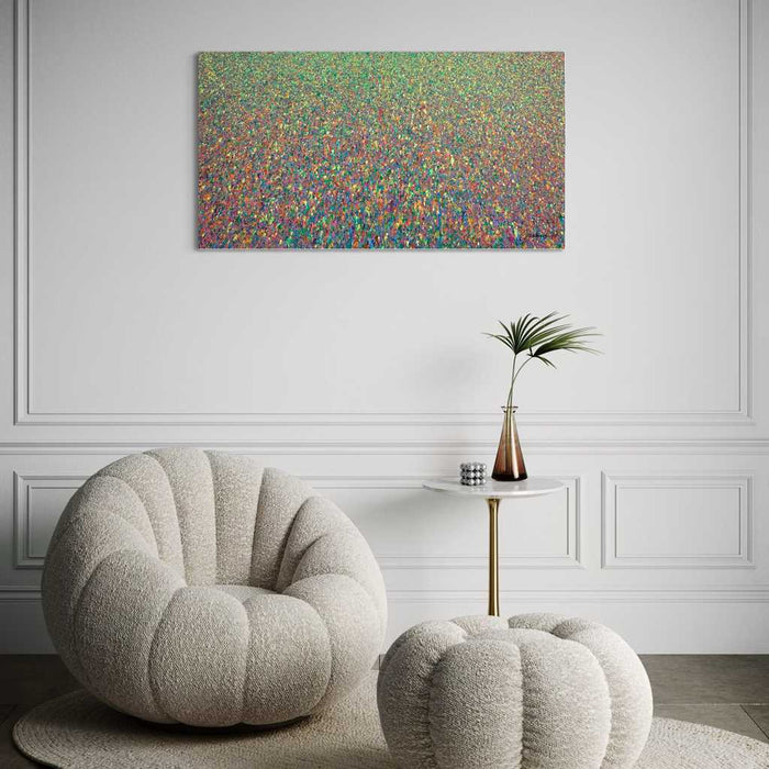 Abstrakte Kunst „Claim 142“ (in situ), buntes Gemälde im Querformat mit dichter Farbstruktur, Mischtechnik auf Leinwand. Künstler Mark Hellbusch