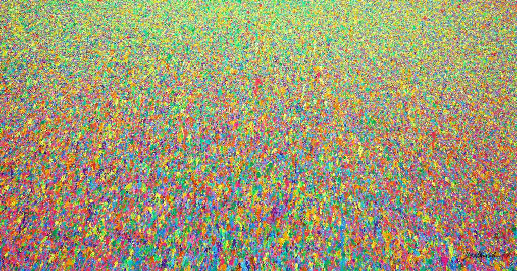 Abstrakte Kunst „Claim 142“, buntes Gemälde im Querformat mit dichter Farbstruktur, Mischtechnik auf Leinwand. Künstler Mark Hellbusch