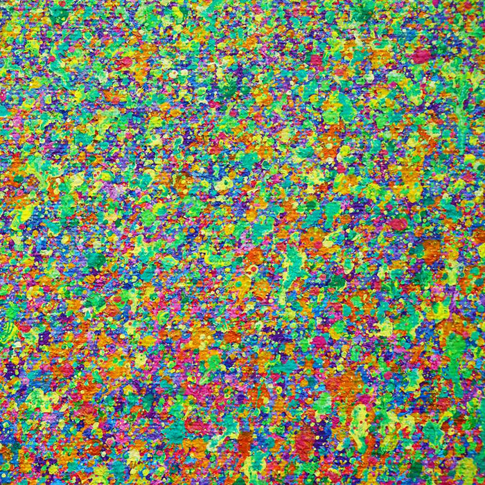 Abstrakte Kunst „Claim 142“ (Ausschnitt), buntes Gemälde im Querformat mit dichter Farbstruktur, Mischtechnik auf Leinwand. Künstler Mark Hellbusch