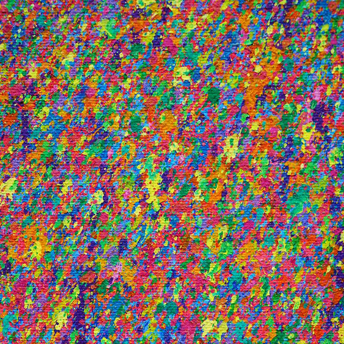Abstrakte Kunst „Claim 142“ (Ausschnitt), buntes Gemälde im Querformat mit dichter Farbstruktur, Mischtechnik auf Leinwand. Künstler Mark Hellbusch