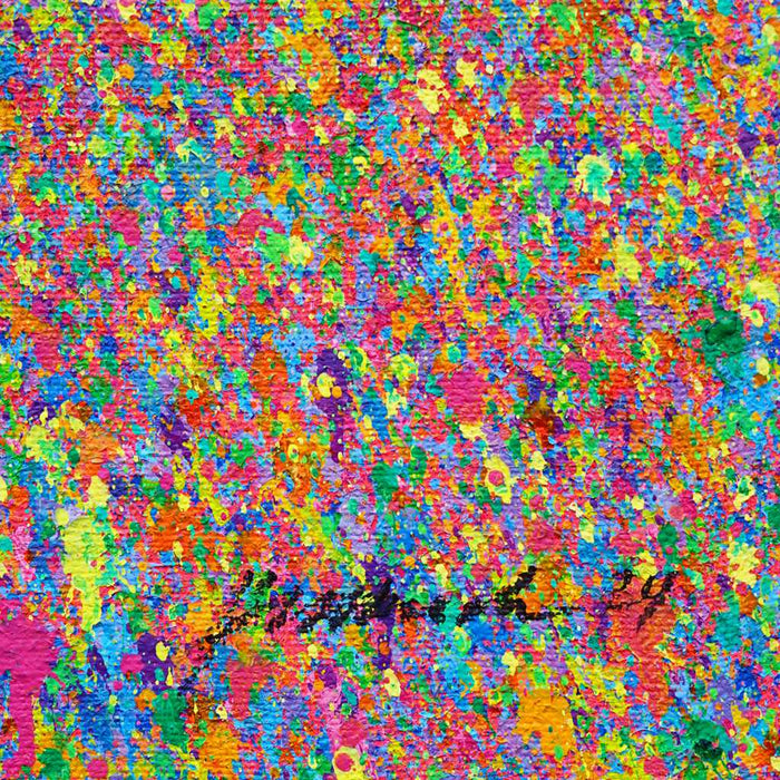 Abstrakte Kunst „Claim 142“ (Ausschnitt, Signatur), buntes Gemälde im Querformat mit dichter Farbstruktur, Mischtechnik auf Leinwand. Künstler Mark Hellbusch